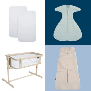 Four HALO baby sleep essentials: two white mattress pads, a light blue zip-up sleep sack, a beige HALO Bedside Sleeper Bassinet with mesh sides, and a beige swaddle featuring both zip and wrap functions—each shown in its own quadrant.