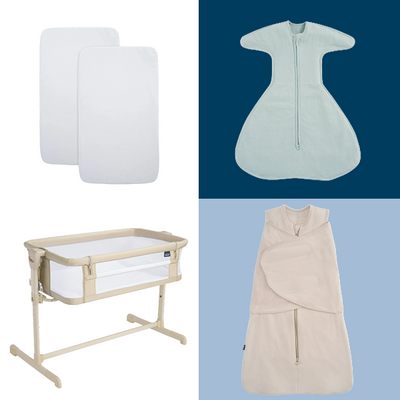 Four HALO baby sleep essentials: two white mattress pads, a light blue zip-up sleep sack, a beige HALO Bedside Sleeper Bassinet with mesh sides, and a beige swaddle featuring both zip and wrap functions—each shown in its own quadrant.