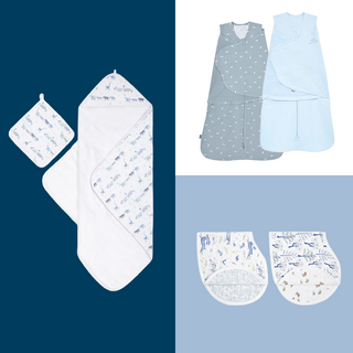 The HALO Bedtime Prep Bundle features four swaddle blankets and wraps in blue and white with animal and nature patterns, displayed on a split blue background—perfect to pair with your sleepsack for cozy comfort.