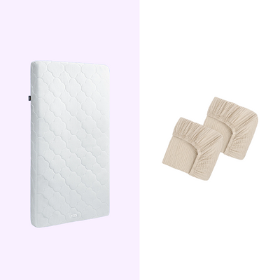 The HALO Breathable Crib Mattress Bundle features a white breathable mattress upright on the left and two folded cotton muslin crib sheets on the right, all set against a light purple and white split background.
