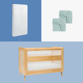 The HALO Breathable Nursery Bundle features a breathable crib mattress, two light blue organic cotton crib sheets, and a light wood full-size crib with mesh sides, each displayed against solid blue and white backgrounds.