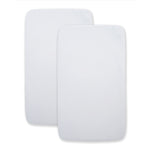Two HALO BassiNest® Beside Sleeper fitted sheets, 100% organic cotton, are shown slightly overlapping each other on a white background. Set includes 2 plain white rectangular sheets.