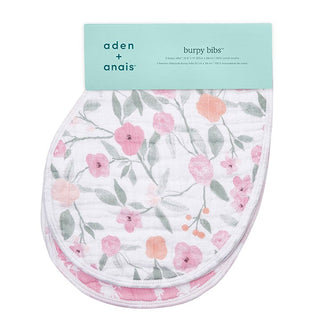 Aden + Anais boutique 100% cotton muslin burpy bibs 2 pack features absorbent no-slip bibs with a floral design of pink and orange flowers and green leaves, displayed with packaging highlighting the brand name.