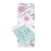 A rolled white aden + anais boutique swaddle blanket with pink and green floral patterns, tied with a white ribbon. Made from 100% cotton muslin for added absorbency, it has a teal tag reading: aden + anais large swaddle maxi lange grand format.