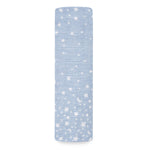 The aden + anais boutique 100% cotton muslin swaddle blanket features a rectangular design in blue with white stars and crescent moons, reminiscent of cozy yoga mats. Its textured appearance stands out elegantly against a white background.