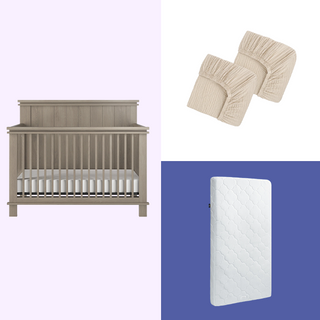 The HALO Denman Crib Nursery Bundle features a wooden baby crib, white mattress, two folded organic cotton sheets, and a quilted breathable mattress, all displayed on pastel pink and blue backgrounds.