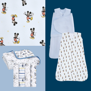 A collage displays the HALO Disney Mickey Mouse Bundle: a baby blanket, cotton swaddles, and a sleep sack with small Mickey Mouse prints and star accents, all set against blue backgrounds.
