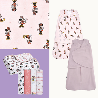 Collage of the Disney Minnie Mouse Bundle by HALO, featuring a pink bamboo swaddle, pastel wearable blanket, and cotton swaddles with Minnie Mouse prints on light and purple backgrounds.