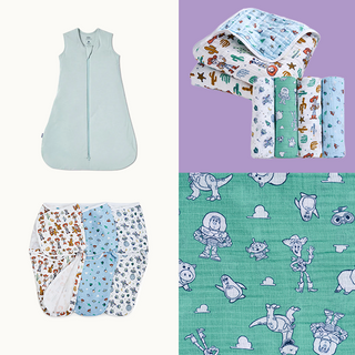 A collage features a light blue HALO Sleep Sack, folded aden + anais patterned blankets, three swaddles from the Disney Toy Story Bundle by HALO, and a close-up of green fabric with Toy Story character illustrations.