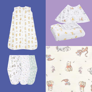 The HALO Disney Winnie the Pooh Bundle includes a wearable blanket sleep sack, two cotton muslin swaddling blankets, and three folded swaddles—all featuring soft fabric with charming Winnie the Pooh illustrations.