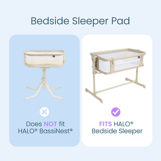 Comparison chart showing a small bassinet pad that does not fit a round-base sleeper on the left, and a HALO Bedside Sleeper DreamWeave Breathable Pad that fits a rectangular-base bedside sleeper on the right.