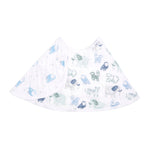 The aden + anais essentials cotton muslin burpy bib is an absorbent swaddle blanket featuring cute, colorful illustrations of elephants, lions, and birds in blue, green, and gray. Neatly folded, it offers both style and functionality.