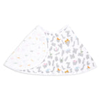 The aden + anais essentials cotton muslin burpy bib features colorful animal and alphabet designs on soft, absorbent muslin fabric with a layered design for full coverage during mealtimes.
