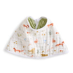 The aden + anais essentials cotton muslin burpy bib features absorbent muslin with a charming animal print of foxes, deer, and flowers. Reversible from soft white to green with a secure button closure, its perfect for keeping your little one tidy!.