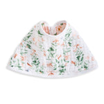 The aden + anais essentials cotton muslin burpy bib features a charming floral design with green leaves and pink flowers on absorbent white muslin. Its crafted for style and functionality, making it perfect for any nursery.