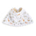 The aden + anais essentials cotton muslin burpy bib is a white, full-coverage bib featuring colorful giraffes, lions, and elephants. Made from absorbent muslin, it has an inner lining with a playful yellow and white dotted pattern.