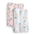 The essentials cotton muslin swaddle blanket 2 pack by aden + anais includes two versatile swaddles: one with pink hues, large white flowers, and green leaves, and another with a white base showcasing small green leaves and vibrant orange flowers.