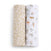 The aden + anais essentials cotton muslin swaddle blanket 2 pack includes two breathable swaddles, one with gold dots on white and the other featuring llamas and leopards among trees and plants.