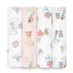 The Disney™ essentials cotton muslin swaddle blanket 4 pack by aden + anais features whimsical designs of princesses, carriages, clocks, castles, and flowers in soft pastel shades, each capturing a fairytale theme with enchanting details reminiscent of soothing textures.