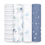 Four versatile aden + anais essentials cotton muslin swaddles—green-and-white striped, safari animals print, owls on white, and dark blue with white stars—are rolled up side by side. Each blanket is breathable with a soft, textured look.