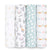 Four vertically rolled aden + anais essentials cotton muslin swaddle blankets showcase: multicolored alphabets, abstract gray shapes with little animals, a turquoise pattern with white designs, and pastel-colored scenic animals—all crafted from breathable cotton muslin.
