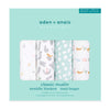 The aden + anais essentials cotton muslin swaddle blanket 4 pack includes four versatile and breathable swaddles with designs like pastel letters, foxes, geometric shapes, and tiny animals on white backgrounds. Perfect for any occasion.