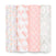 Displayed are four rolls from the aden + anais essentials cotton muslin swaddle blanket 4 pack: multicolored tulips, pink hearts, white stars on pink, and green leaves with orange dots. These soft, pastel-toned designs are crafted from breathable cotton muslin.