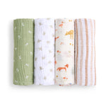 The aden + anais essentials cotton muslin swaddle blanket 4 pack features four vertically displayed swaddles: green with white birds, white with a light bird pattern, white with forest scenes, and white with brown stripes. These breathable and versatile blankets combine style and practicality.