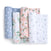 The aden + anais essentials cotton muslin swaddle blanket 4-pack offers enchanting designs: blue with white butterflies, green leaves with flowers, pink with white flowers, and white with delicate blue flower sprigs.