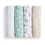 Four aden + anais cotton muslin swaddle blankets from the Essentials 4-pack are shown vertically: pastel stripes, green with white florals, white with safari animals, and white with mustard polka dots—all in soft muslin.