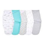 Five aden + anais essentials wrap swaddles, including vibrant animal prints, solid turquoise, gray stars, tiny black stars on white, and plain gray designs are neatly folded side by side. They feature adjustable fasteners for quick changes and are soft to the touch.