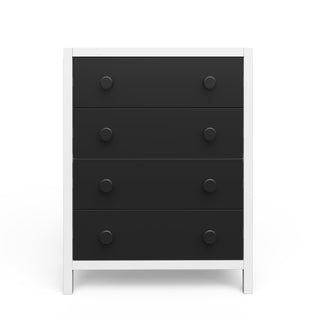The Child Craft Orbit 4 Drawer Chest in Ebony/Matte White features a modern, minimalist design with a white frame, black drawer fronts each with two round black knobs, set against a plain white background.