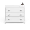 The Child Craft F01792 Universal Changing Table Topper in matte white sits atop a three-drawer dresser with round knobs, holding two bottles, all set against a plain white background.