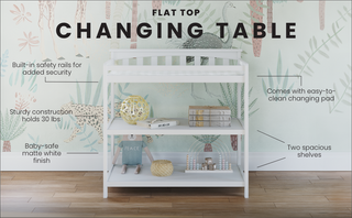 The Child Craft Flat Top Baby Changing Table in matte white features baby-safe finishes, two nursery storage shelves, built-in safety rails, sturdy construction, and an easy-clean changing pad. Shown on a wood floor with animal-themed wallpaper in the background.