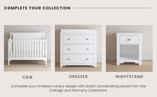 A Child Craft Flat Top Baby Changing Table in matte white sits on light wood floors against a neutral wall, accompanied by a crib, dresser with three drawers, and a nightstand featuring a drawer and open shelf for nursery storage.