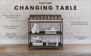 The Child Craft Flat Top Baby Changing Table in dapper gray features two spacious shelves, built-in safety rails, a wipe-clean changing pad, and a baby-safe finish, offering sturdy, convenient storage for your nursery.