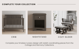 Create a coordinated nursery with three pieces: a dark wood crib, matching nightstand, and the Child Craft Cozy Glider and Ottoman in Dapper Gray. Complete your space with these stylish essentials.