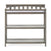 The Child Craft Flat Top Baby Changing Table in Dapper Gray includes a cushioned baby changing pad and two open shelves below for nursery storage, with a flat top design and raised back and sides for safety.