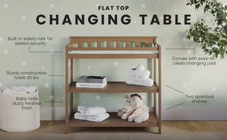 The Child Craft Flat Top Baby Changing Table in Dusty Heather features two spacious shelves, built-in safety rails, sturdy 30 lb construction, an easy-to-clean changing pad, and a baby-safe finish—perfect for star-themed nurseries.