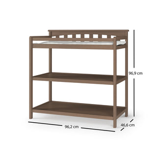 The Child Craft Flat Top Baby Changing Table in Dusty Heather has two open shelves, a raised guardrail, and fits a changing pad. Dimensions: 96.2 cm W x 46.6 cm D x 96.9 cm H. Perfect for convenient nursery storage.