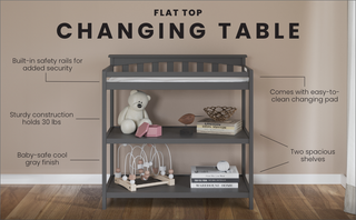 The Child Craft Flat Top Baby Changing Table in Cool Gray features nursery storage, safety rails, sturdy construction, an easy-to-clean pad, baby-safe finishes, and two spacious shelves for essentials, toys, books, and a teddy bear.