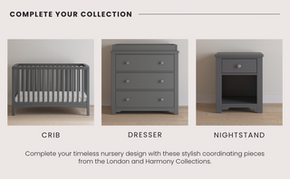 Three gray nursery pieces are shown: the Child Craft Flat Top Baby Changing Table in Cool Gray, a crib with white bedding, and a dresser. Text encourages mixing baby-safe finishes from the London and Harmony Collections.