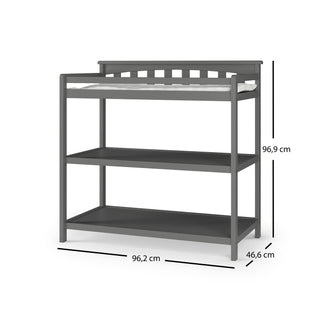 The Child Craft Flat Top Baby Changing Table in Cool Gray features baby-safe finishes, two storage shelves, a top railing, and measures 96.2 cm W x 46.6 cm D x 96.9 cm H.