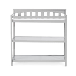 The Child Craft Flat Top Baby Changing Table in Cool Gray features baby-safe finishes, three open shelves for nursery storage, and a stylish slatted back design.