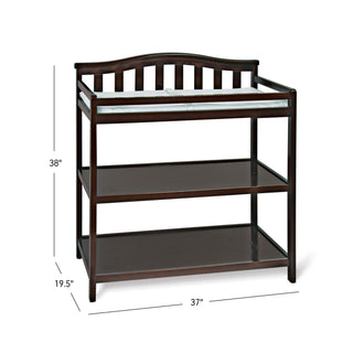 The Child Craft Arch Top Baby Changing Table in Jamocha features two open shelves, a slatted back, and a top changing pad—ideal for any nursery. Dimensions: 38" H x 37" W x 19.5" D.