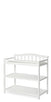 The Child Craft Arch Top Baby Changing Table in matte white features two open storage shelves and a decorative slatted back, ideal for nursery use. Shown against a plain white background.