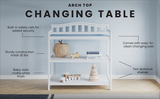 The Child Craft Arch Top Baby Changing Table in matte white features two spacious shelves, safety rails, sturdy 30 lb construction, a baby-safe finish, and an easy-to-clean changing pad for convenient nursery storage.