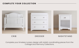 Three white nursery pieces are displayed: a crib, Child Craft’s Harmony 3-Drawer Dresser with Changing Table Topper in matte white, and a nightstand. The classic, coordinated style provides practical nursery storage.