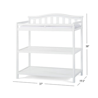 The Child Craft Arch Top Baby Changing Table in matte white features two lower shelves, a slatted back, and a changing pad. Dimensions: 38"H x 37"W x 19.5"D. Ideal for nursery organization and stylish storage.