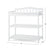 The Child Craft Arch Top Baby Changing Table in matte white features two lower shelves, a slatted back, and a changing pad. Dimensions: 38